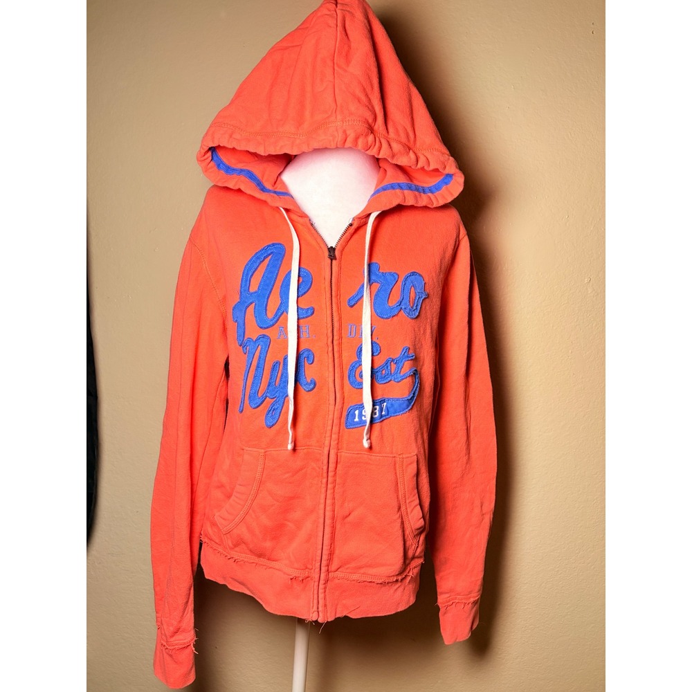 Y2K Aeropostale Womens Coral Orange Full Zip Graphic Hoodie Blue Logo Size Large